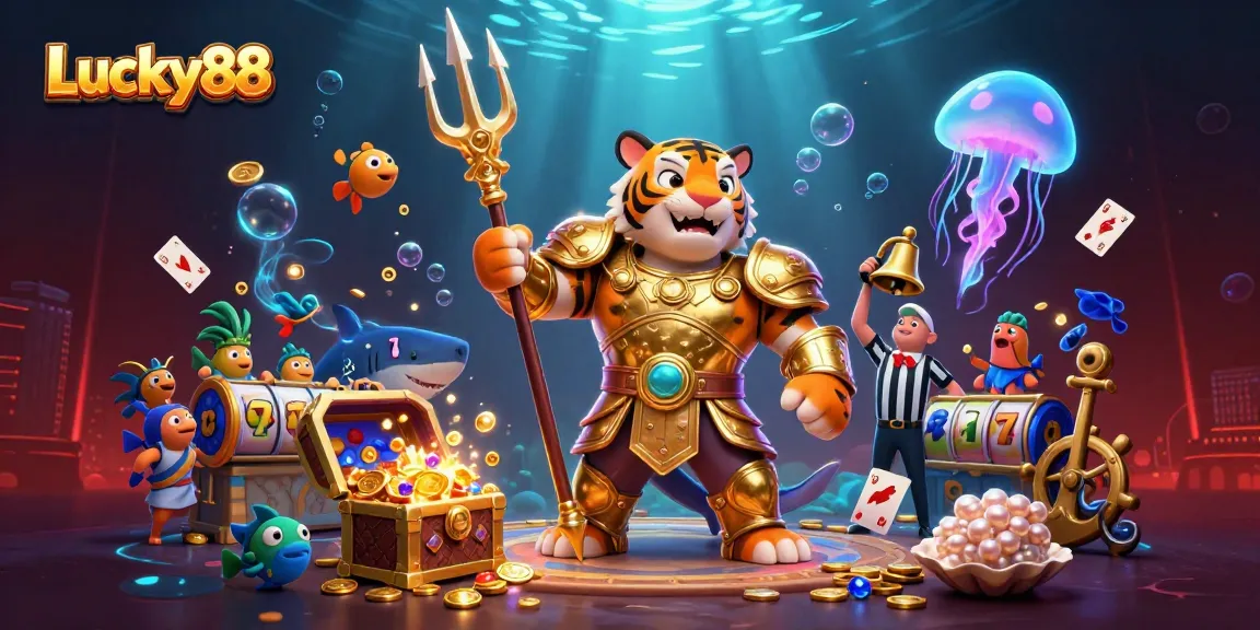 Experience the thrill of Lucky88 slots with this vibrant underwater casino scene featuring a golden shark gladiator.