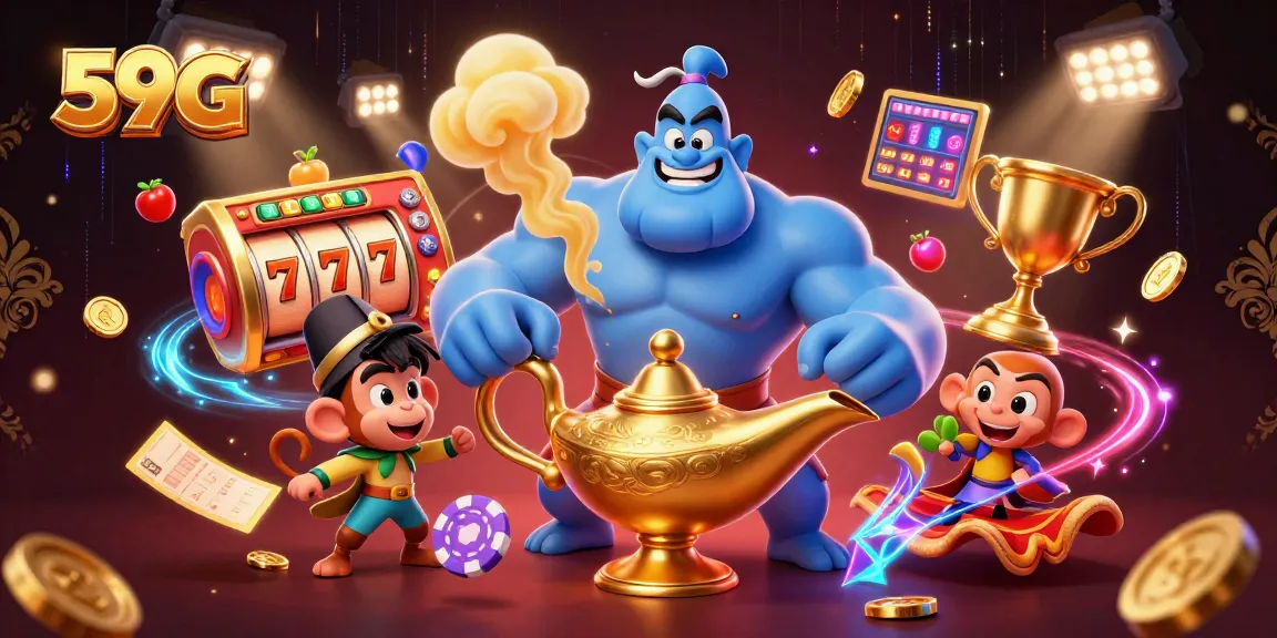 59G players enjoying vibrant slots with a blue genie and golden treasures in a dynamic casino scene