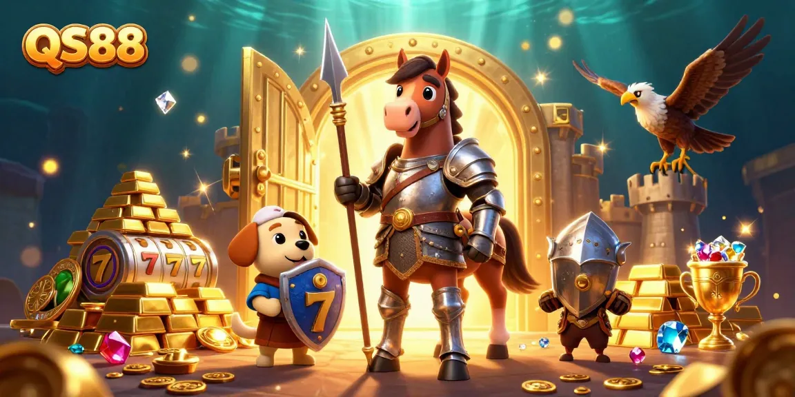 Experience thrilling gameplay at QS88, featuring a knight, puppy, and falcon amidst gold and gems.