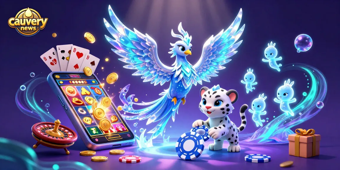 Cauverynews showcases a vibrant gaming scene with an ice phoenix, poker chip, and animated microgaming details.