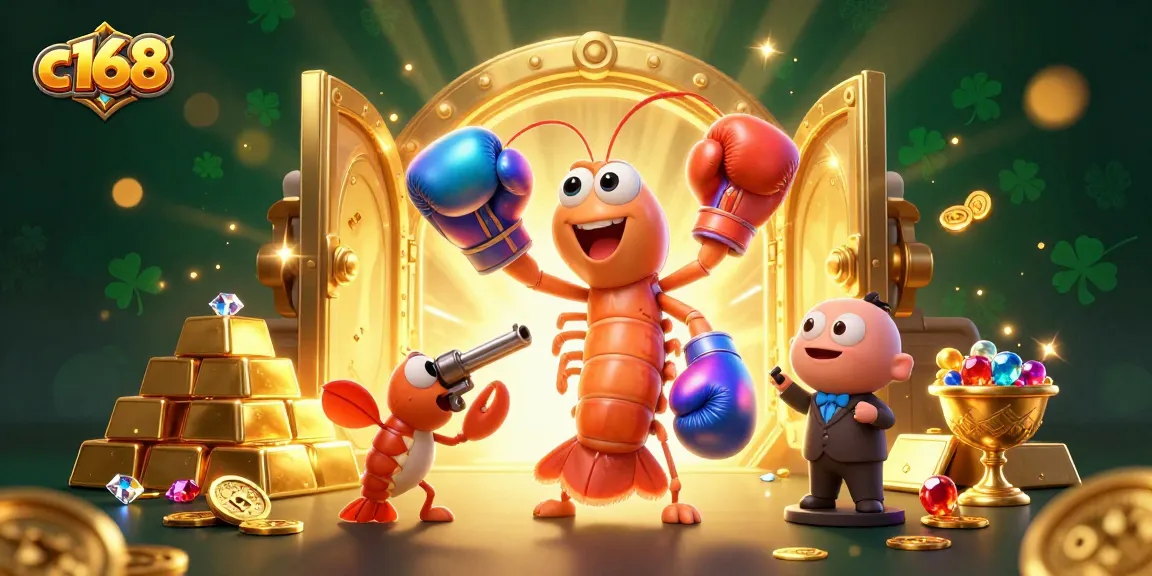 Engage in thrilling activities at c168, featuring vibrant casino characters amidst treasure visuals.