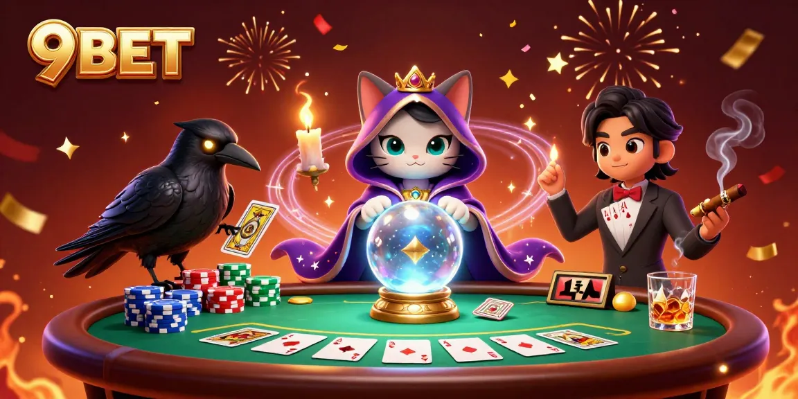 Engage with 9BET's thrilling casino games amidst fortune teller mystic cat and raven in a vibrant 3D scene.