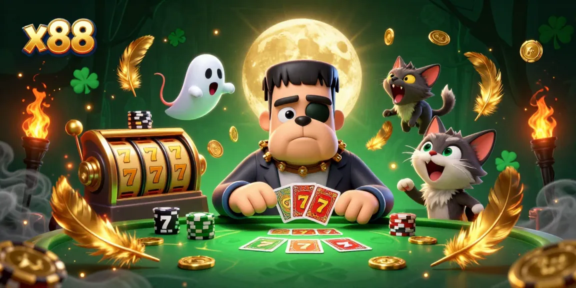 X88 slots-themed scene with a Frankenstein bulldog dealing cards amidst gold coins and ghostly elements.