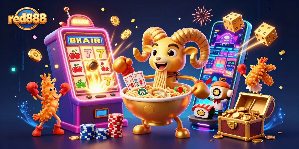 Experience the excitement with red888 at a lively casino scene featuring dynamic characters and gaming elements.