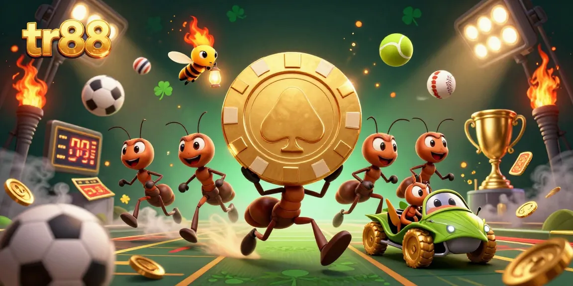 Experience exciting gameplay at tr88 with ants heisting a giant poker chip in a dynamic casino scene.