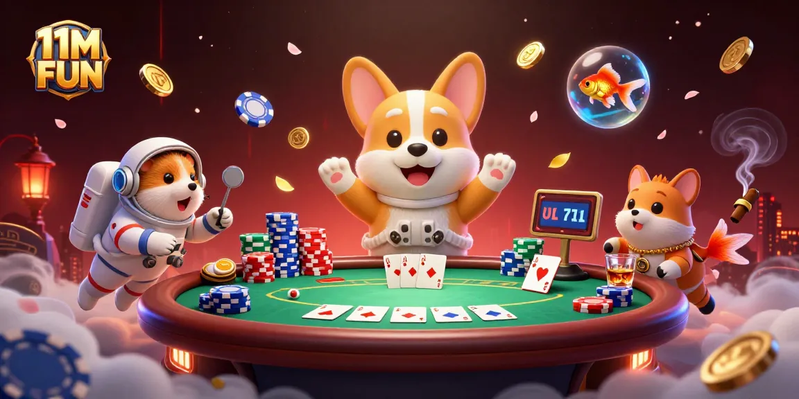 Engage in 11M FUN with a vibrant casino scene featuring a corgi astronaut in zero gravity.