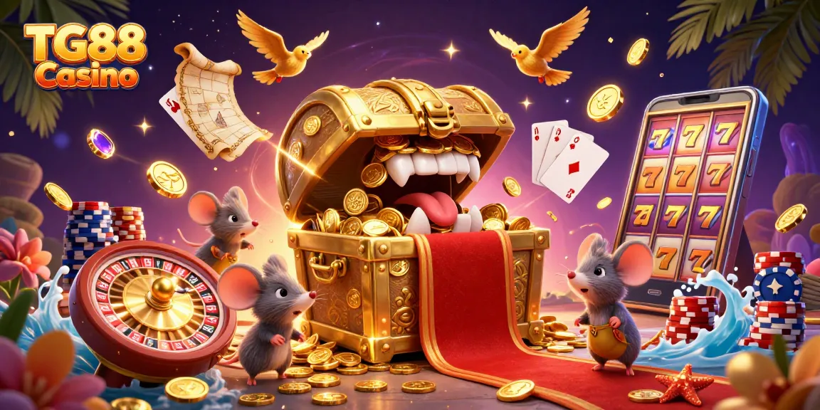 Experience the excitement at TG88 Casino with a vibrant 3D illustration of treasure and gaming elements.