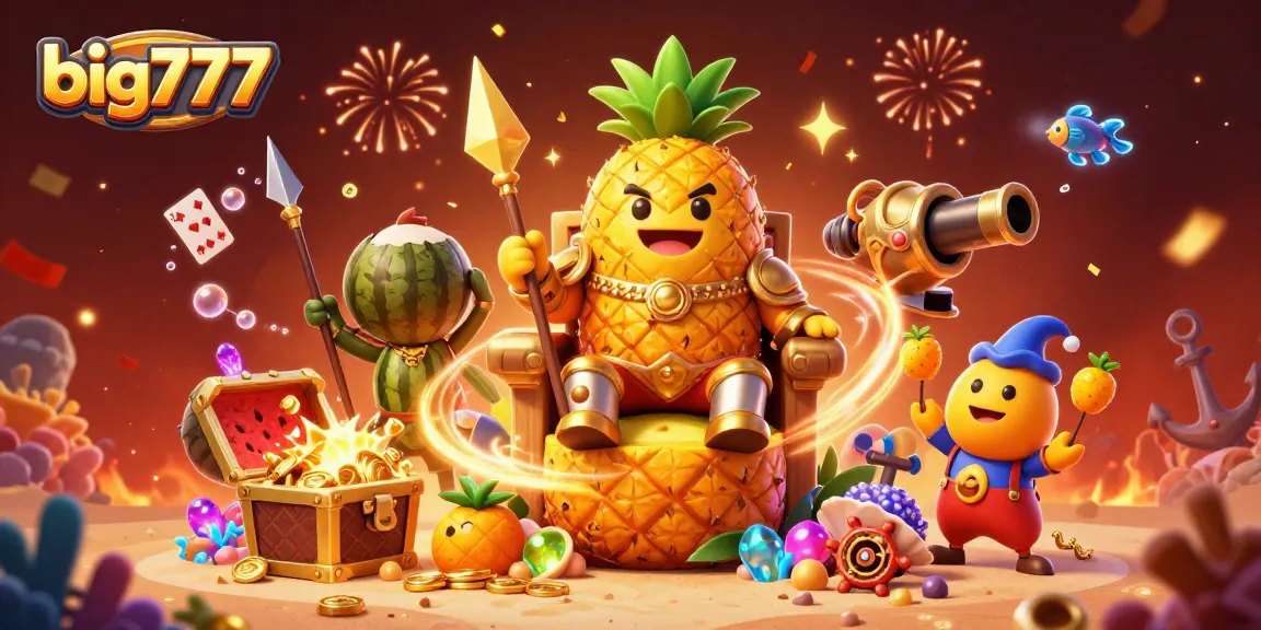 Win big with big777 at the vibrant casino scene featuring the playful pineapple king and treasures.