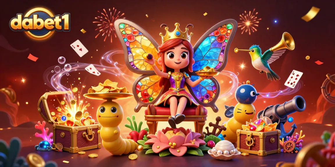 Dabet1 showcases a vibrant 3D illustration featuring a butterfly queen amidst gambling treasures and celebration elements.