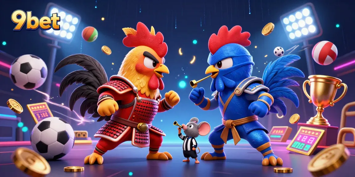 Experience thrilling action with 9bet in this vibrant 3D digital illustration of roosters battling.