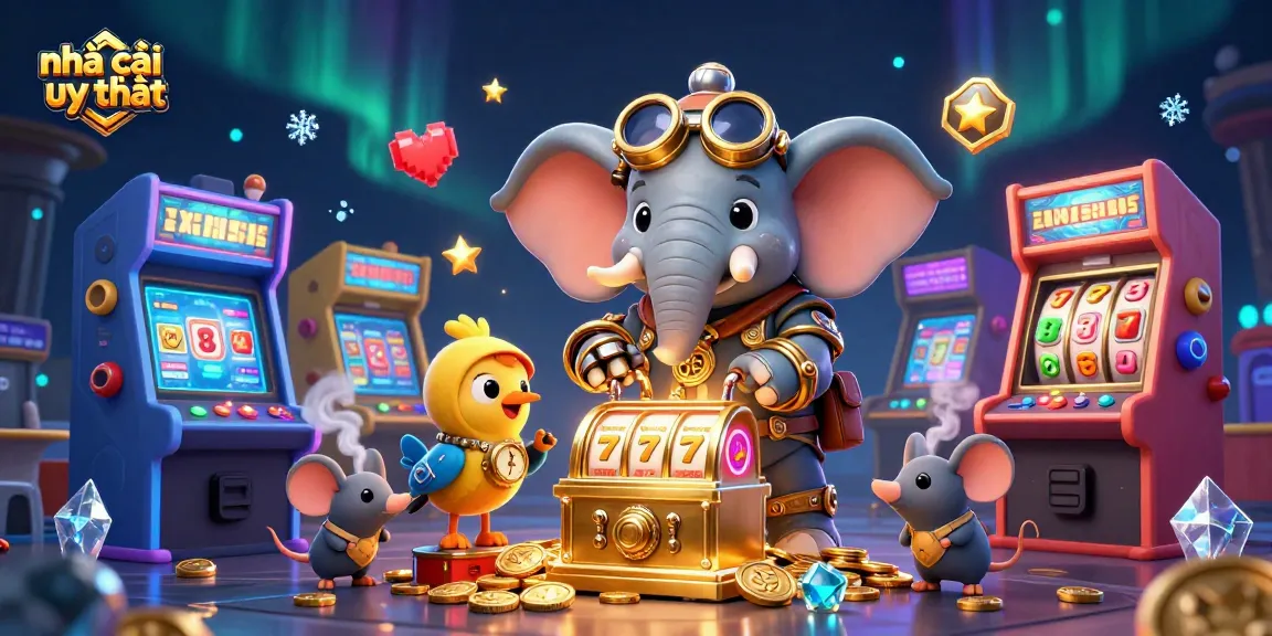 Experience the excitement of nhà cái uy tín with this vibrant steampunk casino scene filled with colorful game elements.