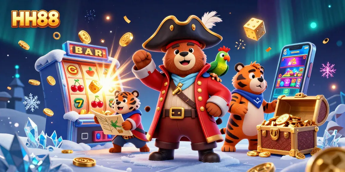 Experience HH88's vibrant gaming atmosphere with cartoon characters amidst slot machine excitement.