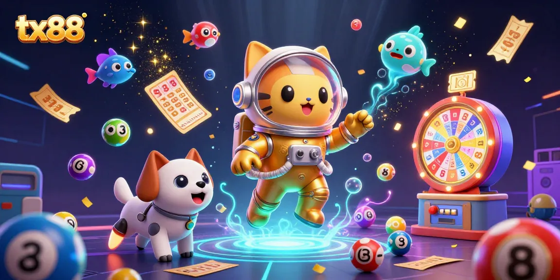 Win with tx88 in colorful casino-themed galactic scene, featuring vibrant lottery elements.
