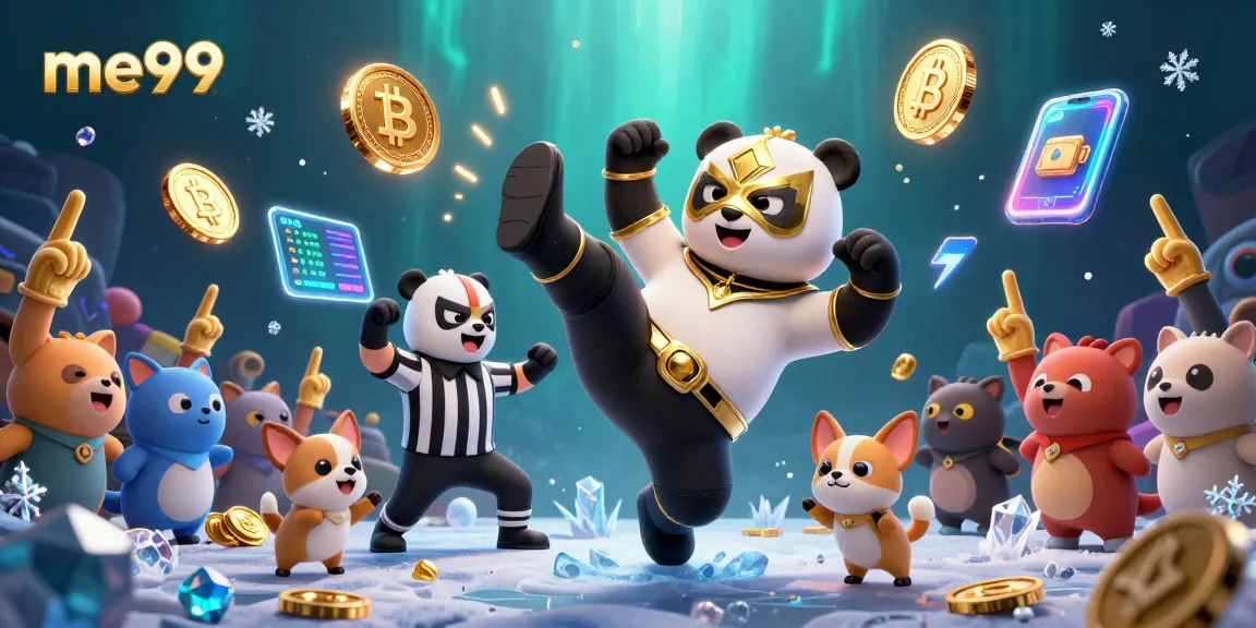 Join the excitement at me99 with a wrestler panda flying kick, crypto coins, and animal fans.