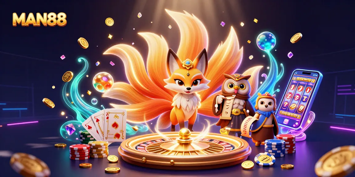 Experience thrilling gaming adventures with MAN88 in a vibrant casino illustration.