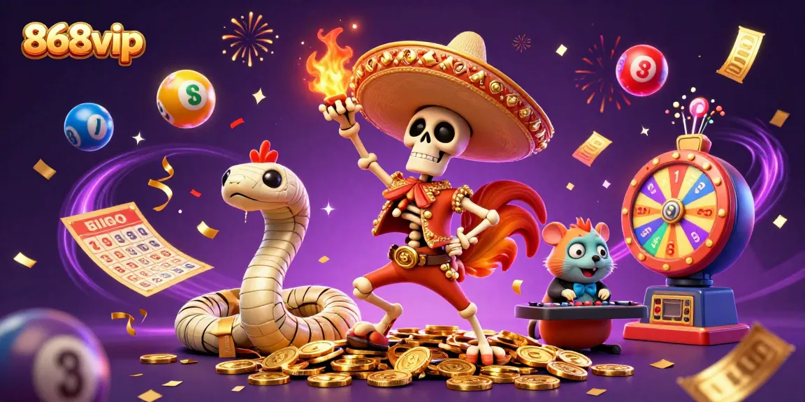 Engage in dynamic fun with 868vip's vibrant 3D casino celebration featuring lucky characters and games.