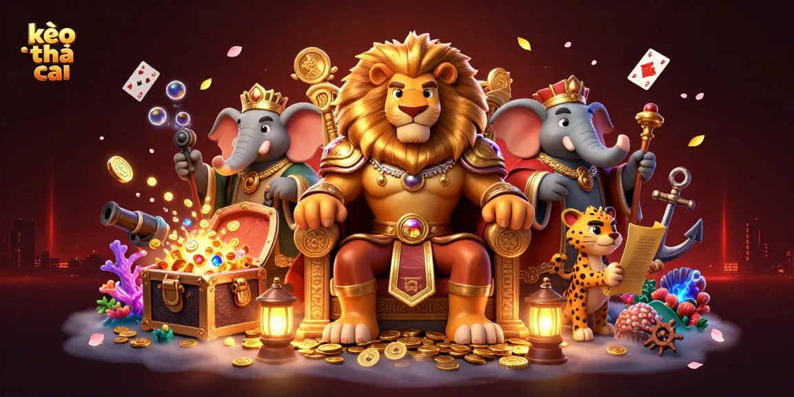 Experience thrilling kèo nhà cái action in a vibrant scene with a lion king, wise elephant, and cheetah elements.
