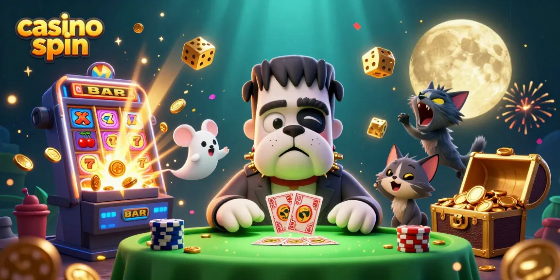 The fun of casino spin is depicted as a Frankenstein bulldog and friends engage in lively card games and jackpots.