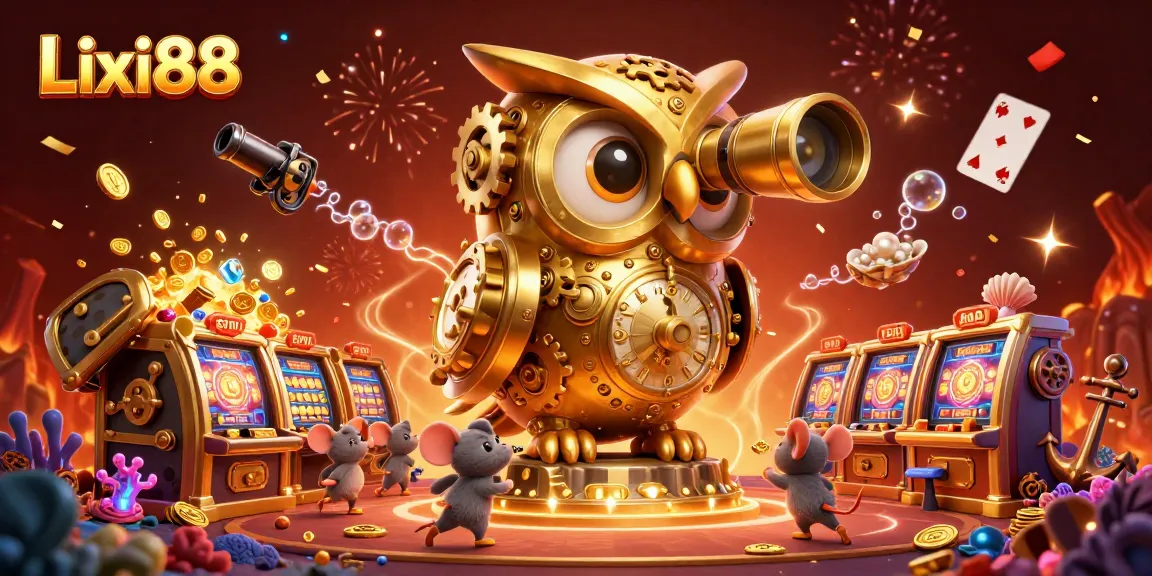 Lixi88 captivates players with a stunning illustration featuring a golden clockwork owl and dynamic casino elements.