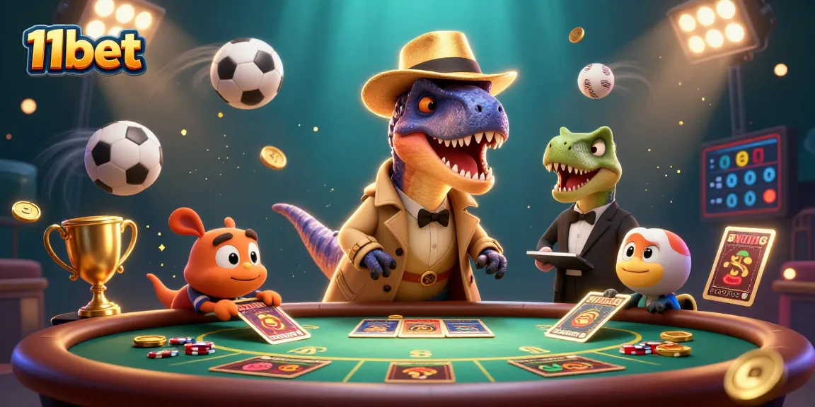11bet features a velociraptor card counter at a blackjack table under stadium lights.