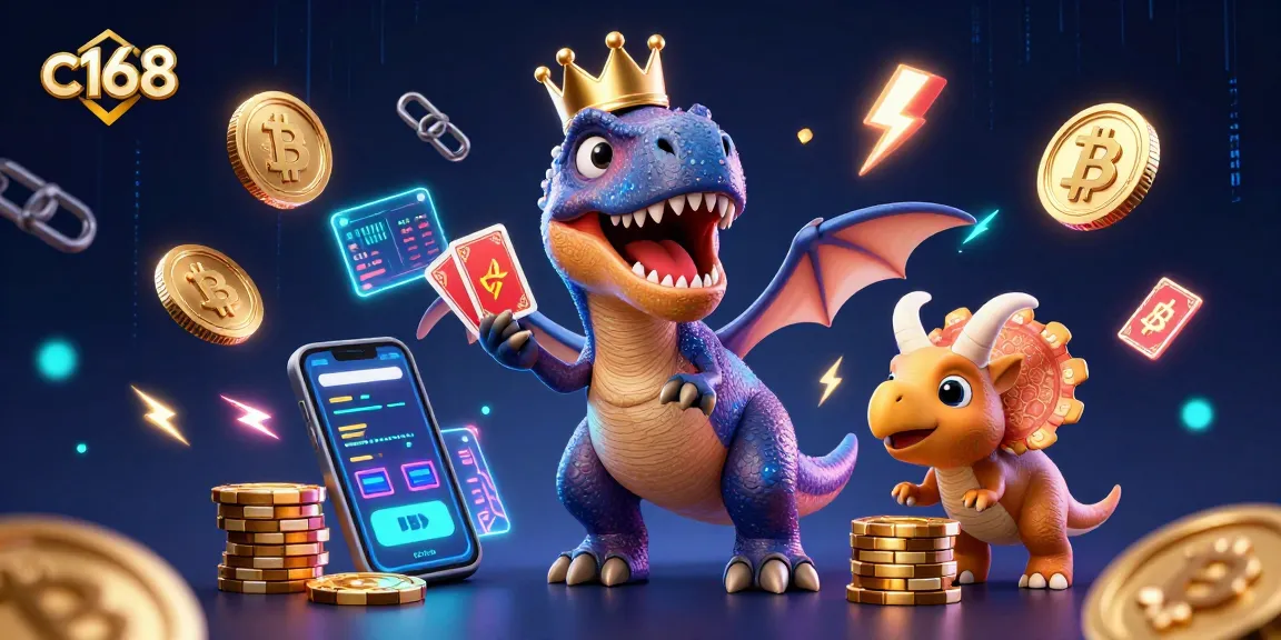 Experience thrilling games with c168 as a friendly T-Rex shuffles cards and wins chips.