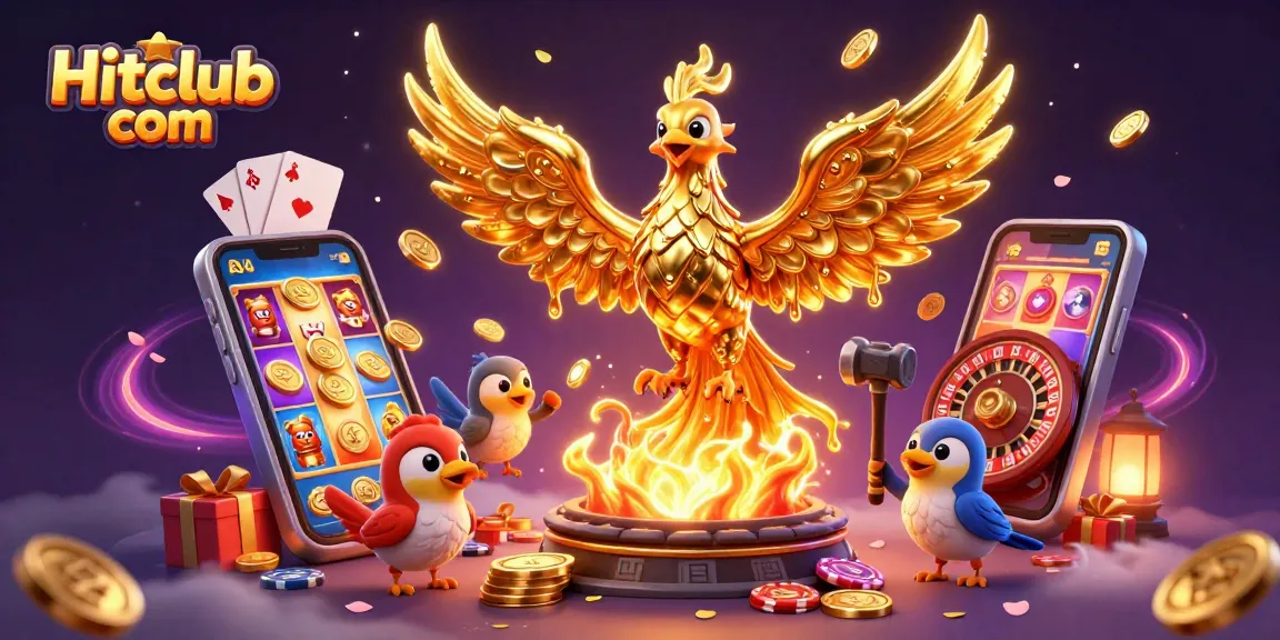 Place your bets at Hitclub com with golden coins raining down from a magnificent phoenix and thrilling gaming elements!