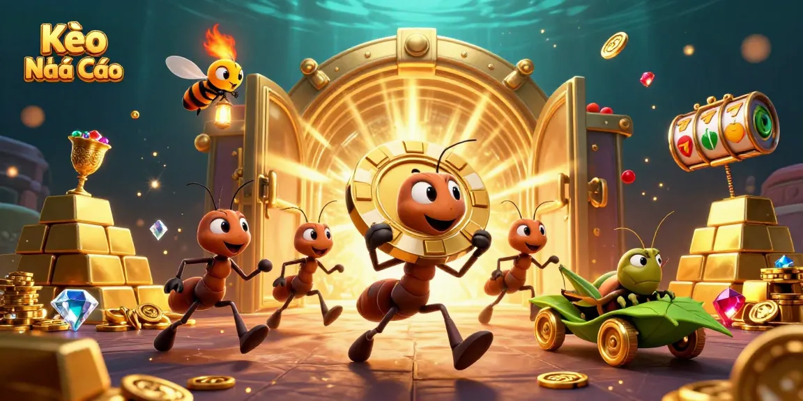 Kèo Nhà Cái showcases a team of animated ants stealing a giant poker chip amid casino treasures.