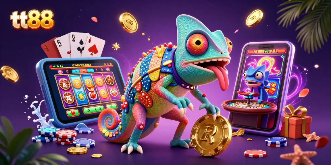 Experience the excitement of tt88 with a vibrant casino scene featuring a colorful chameleon and dynamic gaming elements.