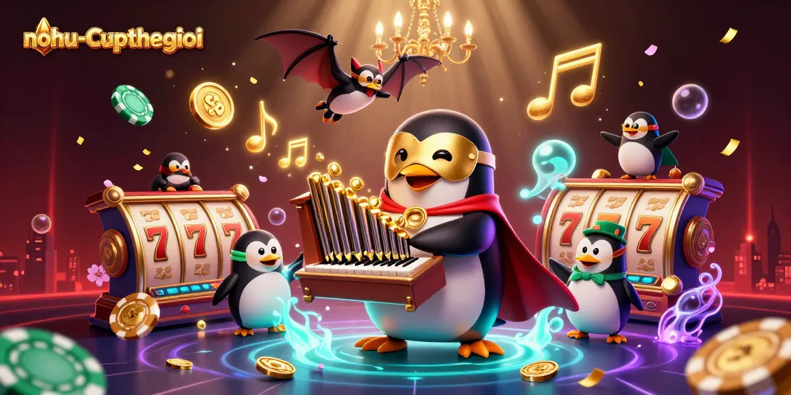 Nohu-cupthegioi showcases a dynamic casino scene with a penguin organist surrounded by slot reels and golden coins.