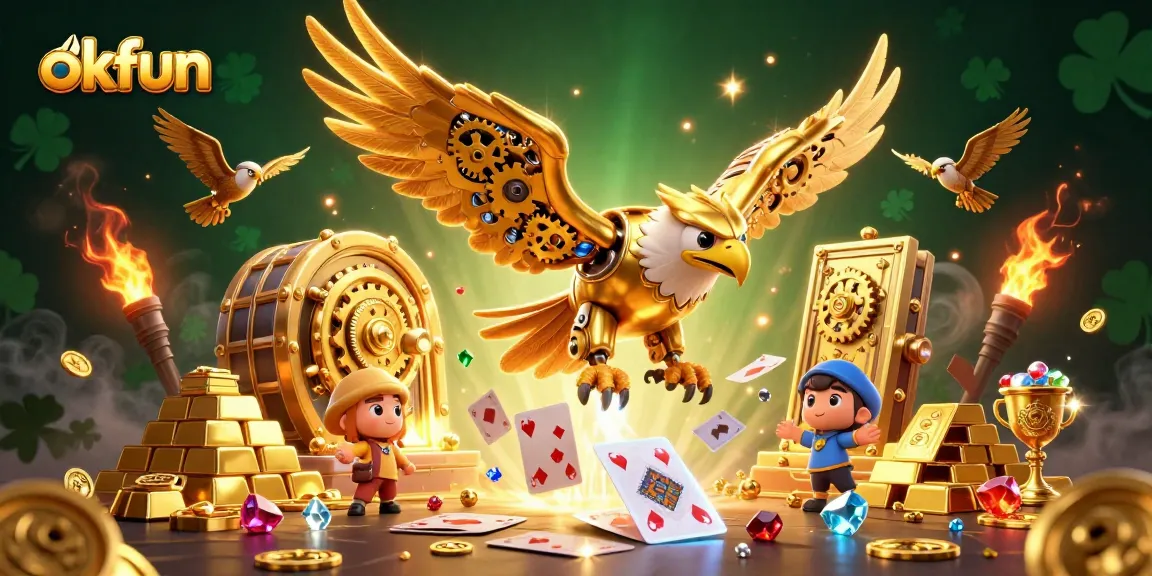 Discover thrilling okfun adventures with a dynamic scene of a golden eagle diving through cards.