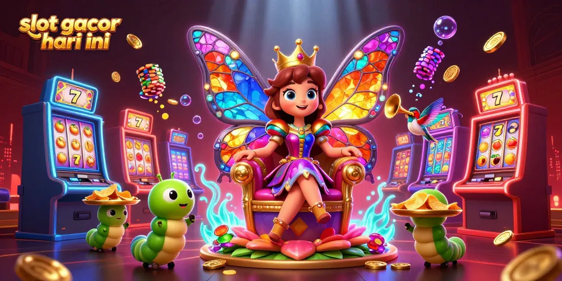 Gambarkan slot gacor hari ini dengan ilustrasi 3D karakter kasino yang megah dan mesin slot berwarna-warni.