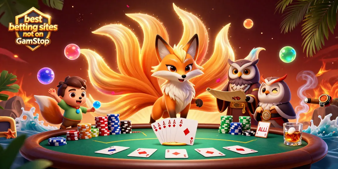 Experience the best betting sites not on GamStop with a vibrant poker scene featuring a glowing fox spirit and playful spirit orbs.