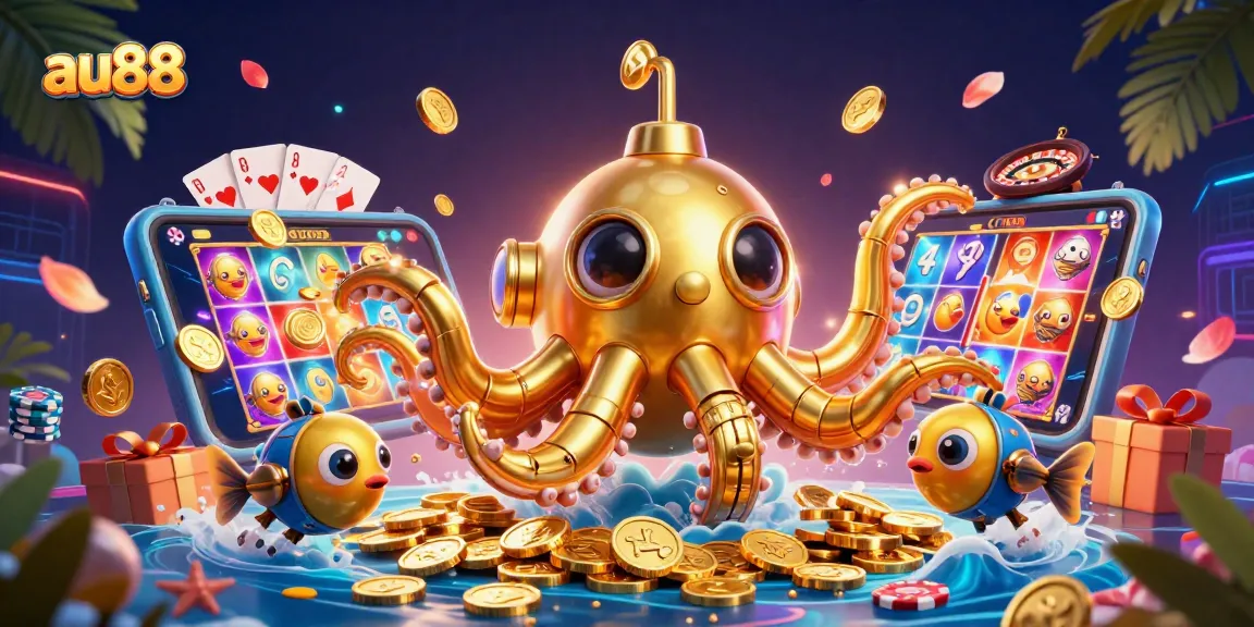 Experience the excitement at au88 with a golden kraken submarine and mechanical fish amidst vibrant gaming elements and rich visuals.