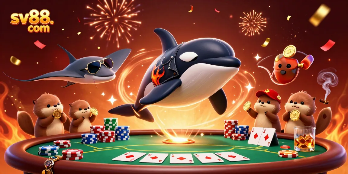 Experience thrilling winnings at sv88. com with vibrant orca whale, stingray, and otters in a festive casino scene.