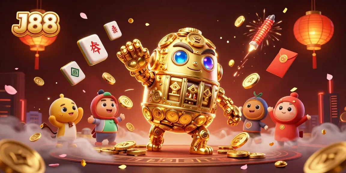 Join the excitement at J88 with an ultra-detailed 3D illustration of casino elements and the golden golem.