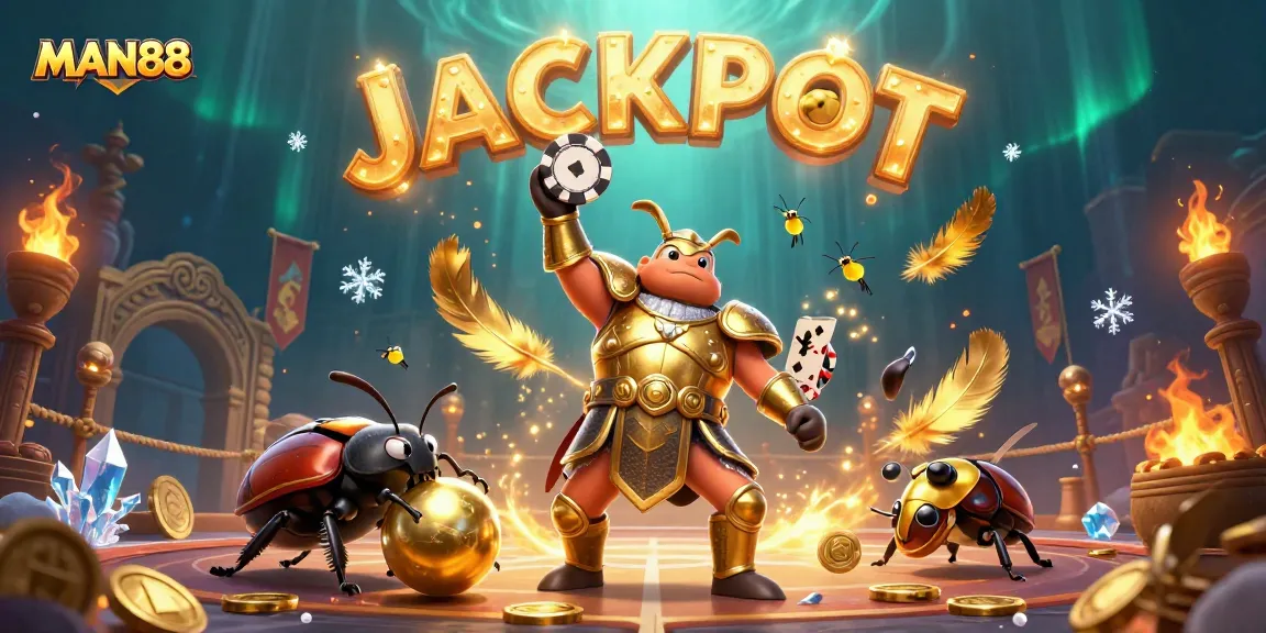 MAN88 beetle champion lifting a poker chip with vibrant casino backdrop celebrating wins.