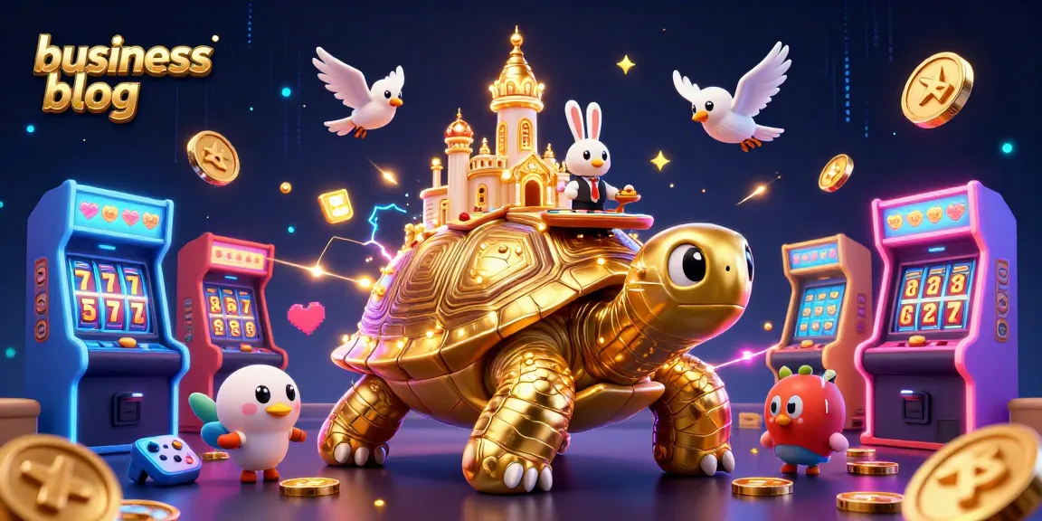 Engaging business blog scene with a golden tortoise casino and vibrant slot elements illustrating strategy.