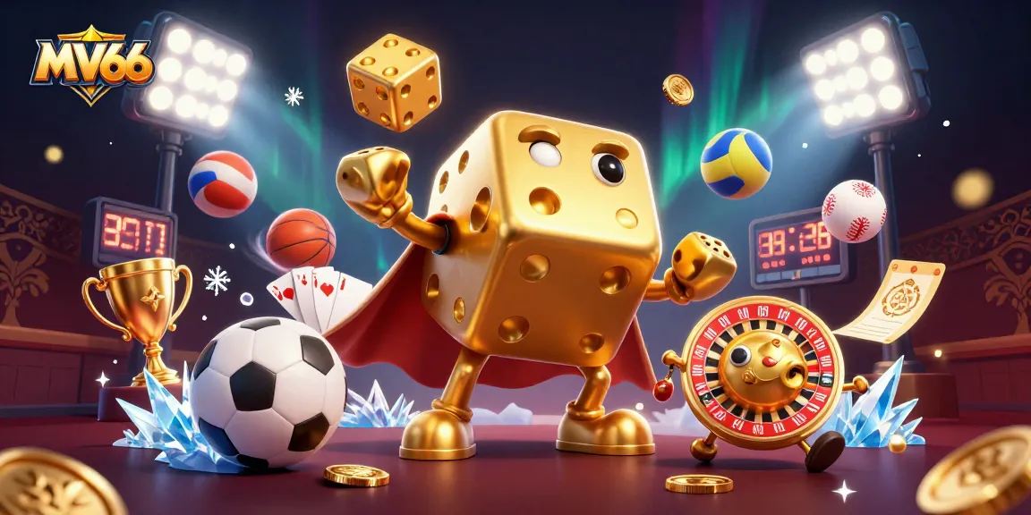 MV66 showcases a dynamic scene featuring a golden dice golem with vibrant casino elements.