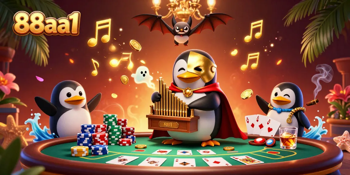 Experience thrilling moments at 88aa1, featuring a penguin organist surrounded by poker action and golden coins.