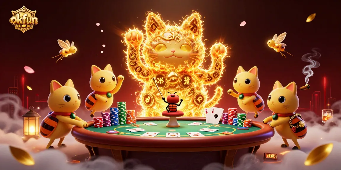 Play and win with okfun's dynamic gaming elements featuring a lucky cat and poker details.