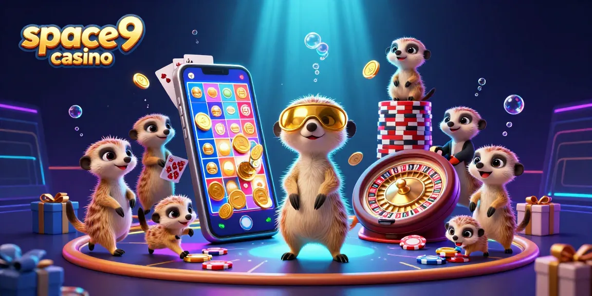 Experience the excitement at Space9 Casino with a vibrant meerkat-themed gaming scene showcasing action-packed slots and card games.