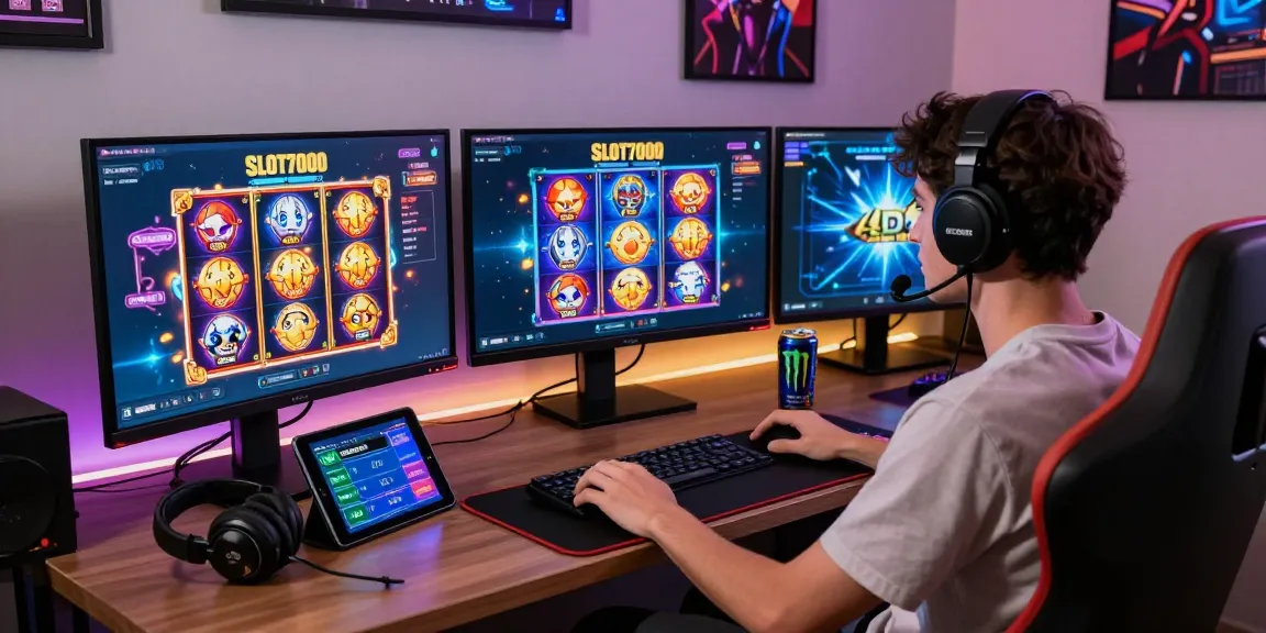 Engaging user experience on SLOT7000 gaming platform featuring vibrant screens and gaming accessories.