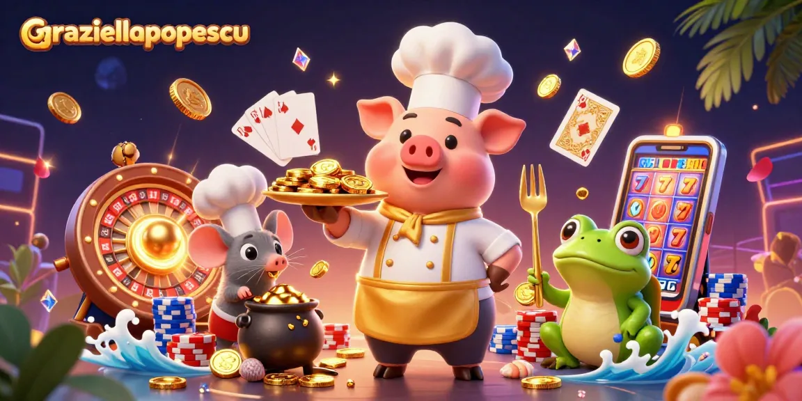 Experience the vibrant world of graziellapopescu with a lively casino scene featuring a pig chef and gold coins.