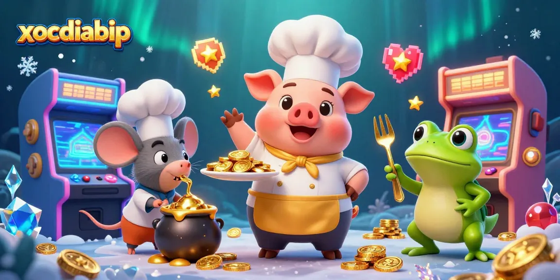 Xocdiabip chef pig serves gold coins in a vibrant, casino-themed 3D illustration.
