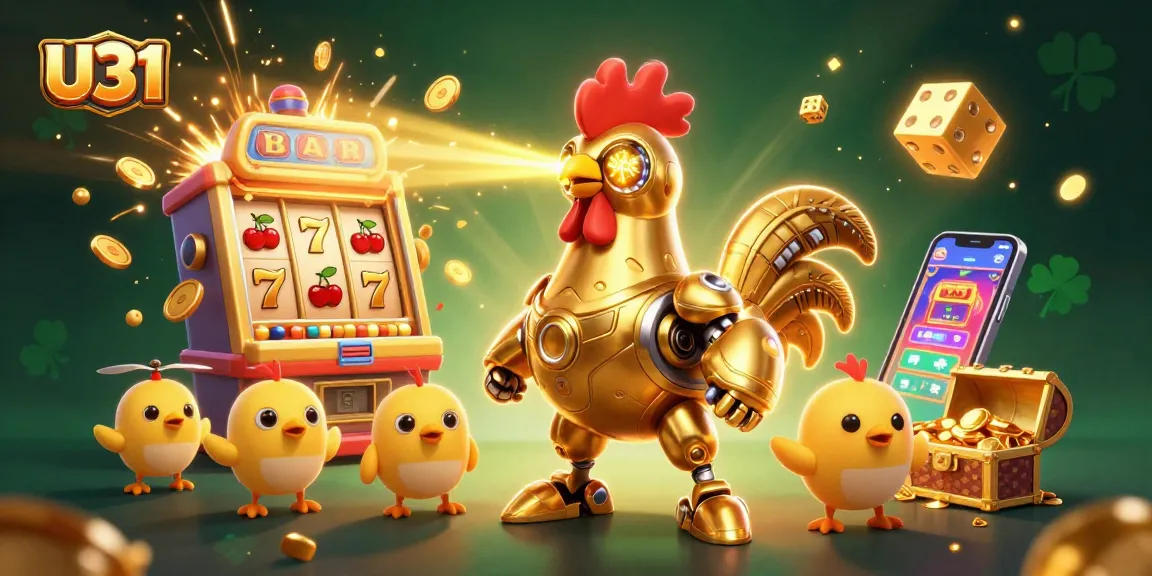 U31 showcases a golden rooster robot and drones celebrating a jackpot with vibrant casino elements.