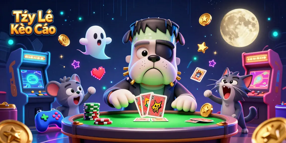 Tỷ Lệ Kèo Nhà Cái showcases a Frankenstein bulldog dealing cards in a vibrant casino setting, enhancing the gaming experience.