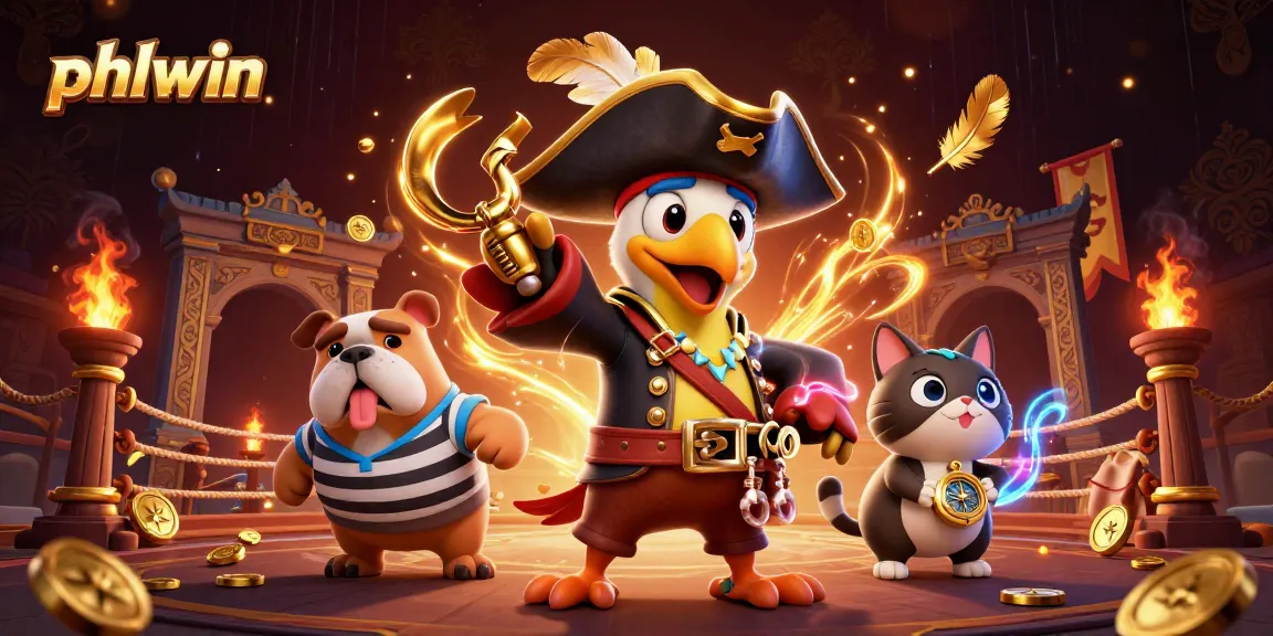 Experience thrilling gaming action with PHLWIN's dynamic characters in a vibrant casino illustration.