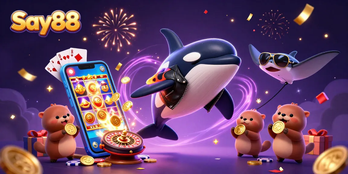 Engage in thrilling gaming at Say88 with a vibrant illustration featuring sea creatures and casino elements.