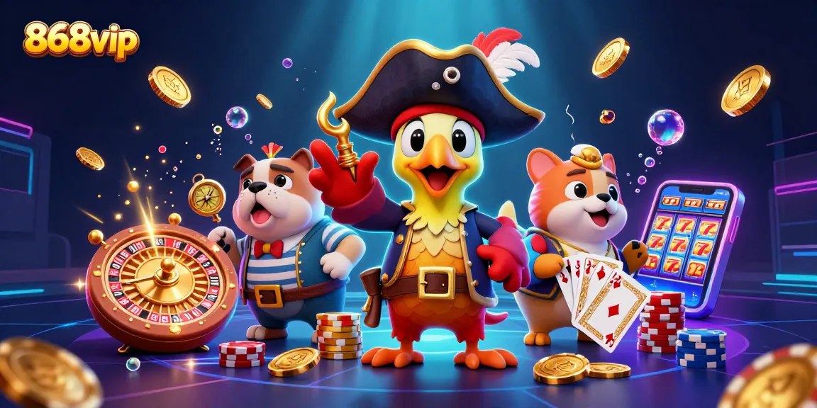 Engage with 868vip's exciting casino scene featuring a pirate captain and colorful game elements.