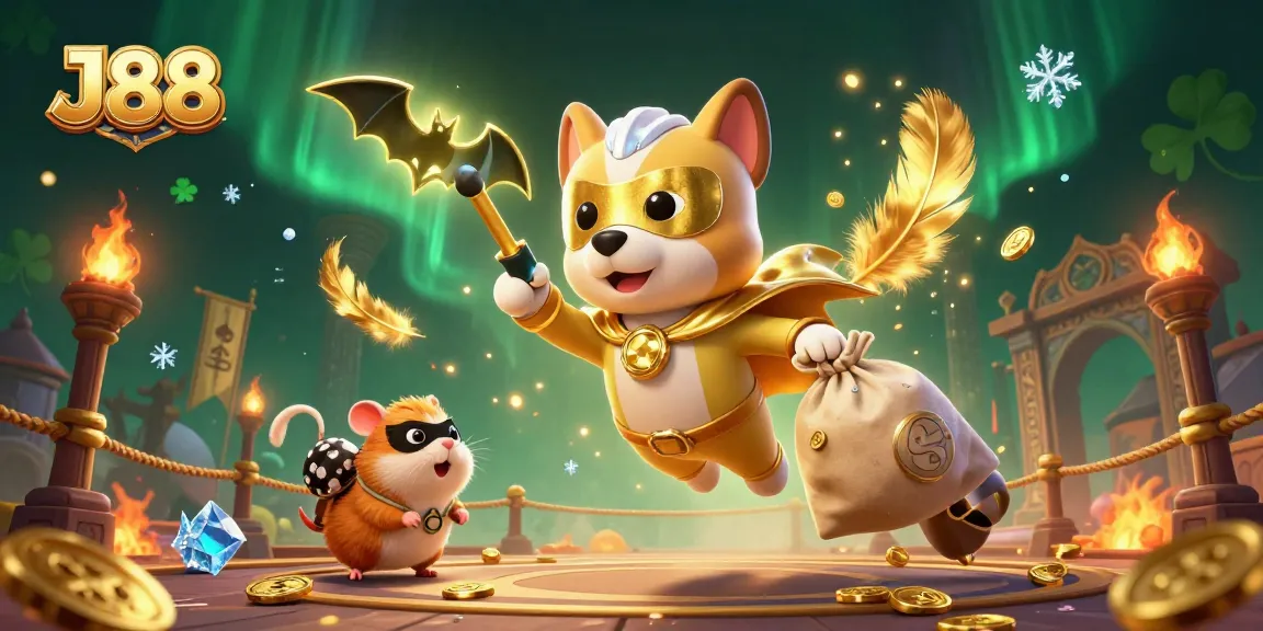 Engage with J88’s dynamic casino action featuring a superhero dog with gold coins in a vibrant gaming arena.